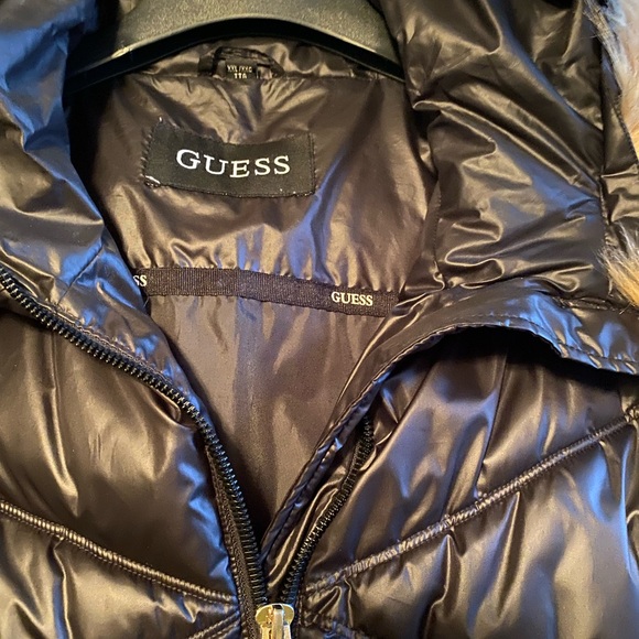 Guess Quilted Black Puffer with Tan Faux Fur Hood - Picture 4 of 6